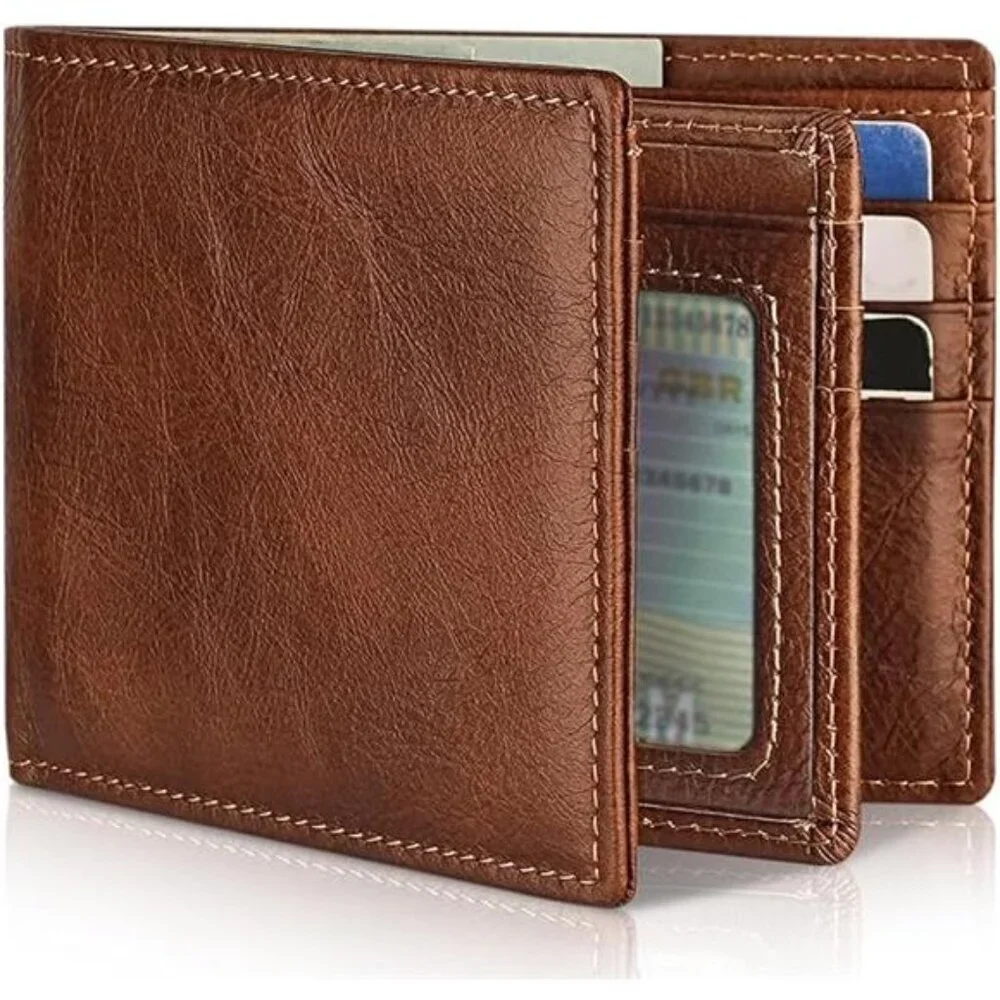 Mens Leather Bifold Wallet RFID Blocking 13 Card Holder 2 Cash Pockets ID Window